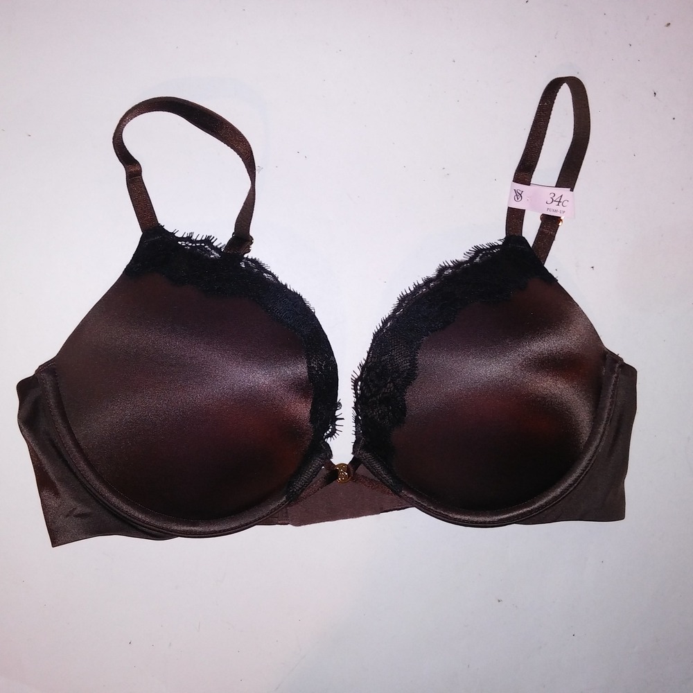Victoria Secret Bra 34C Bombshell Plunge Brown Black Lace Trim Adds 2 Cup Sizes